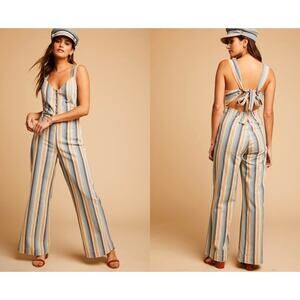 Knot Sisters Lana Jumpsuit linen blend small natural blue stripe zipper side